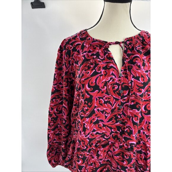 LOFT Womens Size L Blouse Pink Black Floral Long Sleeve Keyhole Top Casual - Picture 2 of 6